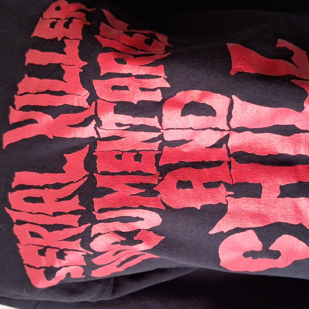 Black Sweatshirt with Red Graphic Text Serial Killer Documentaries And Chill